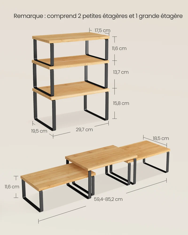 Lot de 3 étagères empilables pour cuisine 19,5 x 29,7 x 15,8 cm pratique rangement style moderne en métal noir 12_0011100