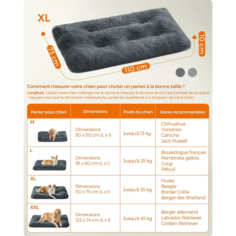 Panier pour chien moelleux ergonomique lavable 110 x 73 cm ambiance cosy en tissu peluche gris foncé 12_0010938