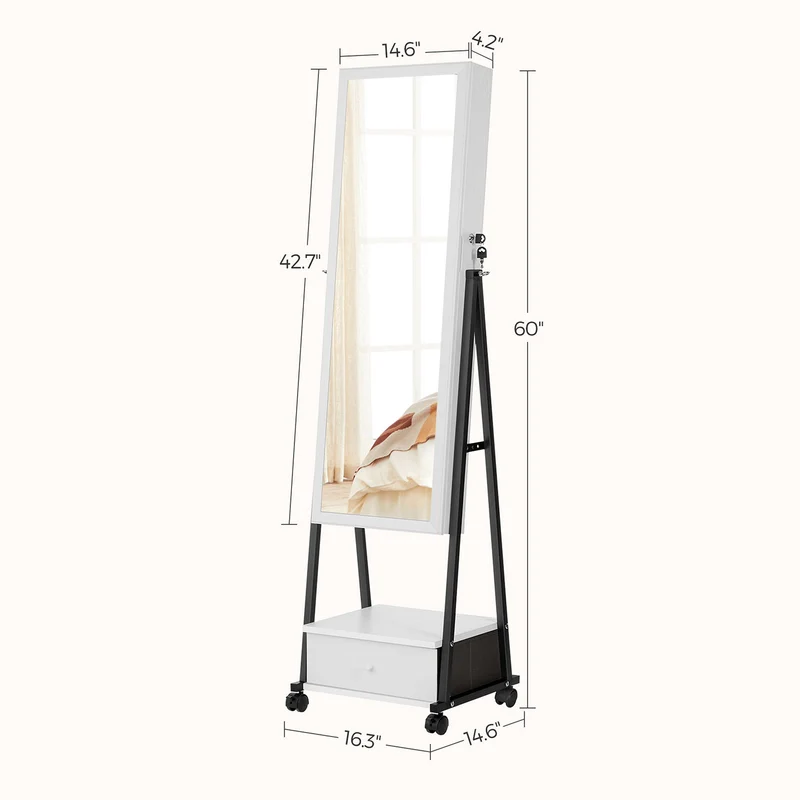 Armoire à bijoux avec miroir psyché tiroir et étagère 41,5 x 37 x 152,5 cm design élégant en MDF blanc 12_0009350