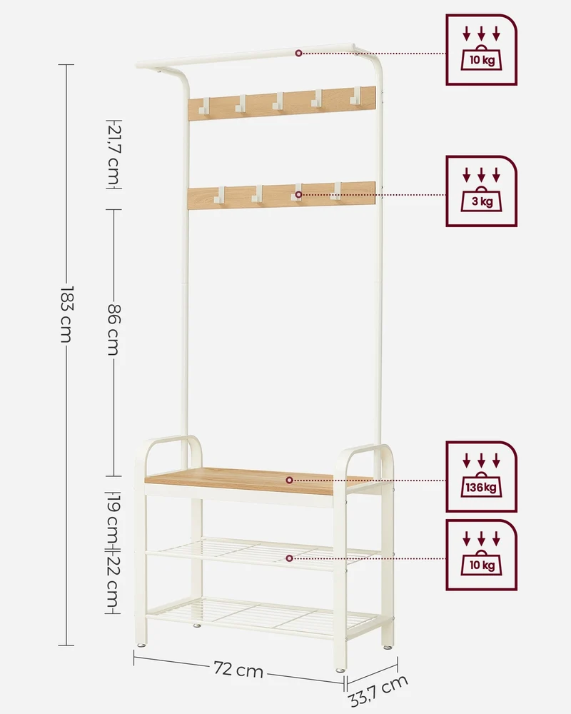 Porte-manteau avec banc multifonctionnel pour couloir 72 x 33,7 x 183 cm design moderne blanc 12_0008096