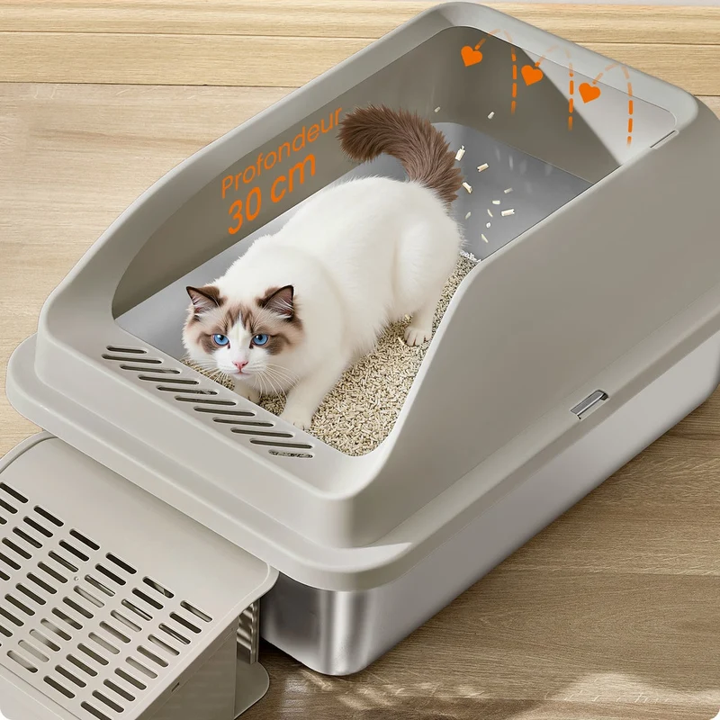 Bac à litière pour chat ouvert design pratique 61 x 41 x 30,2 cm capacité 28 L en acier inoxydable marron café 12_0012936