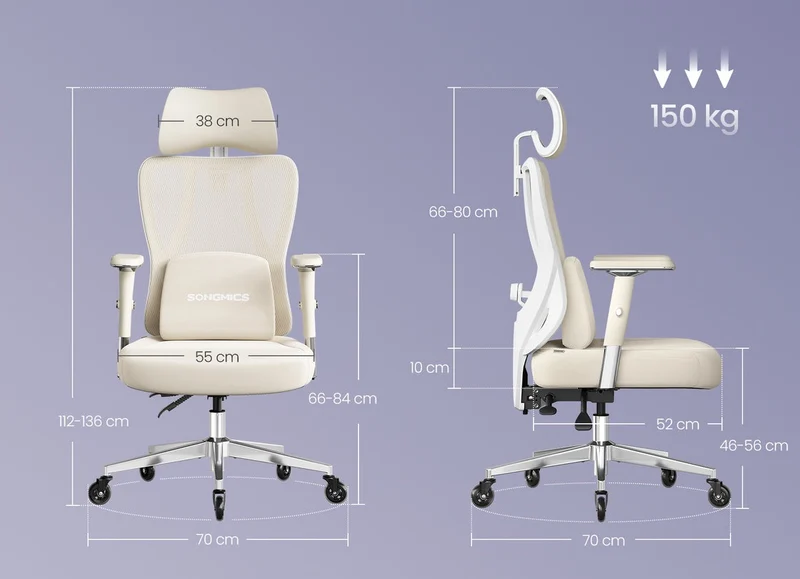 Chaise de bureau ergonomique ajustable support lombaire 70 x 70 x 136 cm style moderne confort optimal en tissu beige 12_0012768