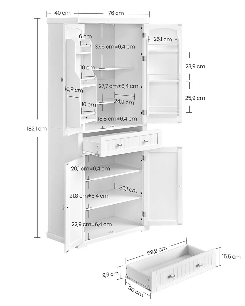Buffet haut de rangement cuisine 40 x 76 x 182 cm grand espace avec tiroir 4 étagères réglables en MDF blanc 12_0011764