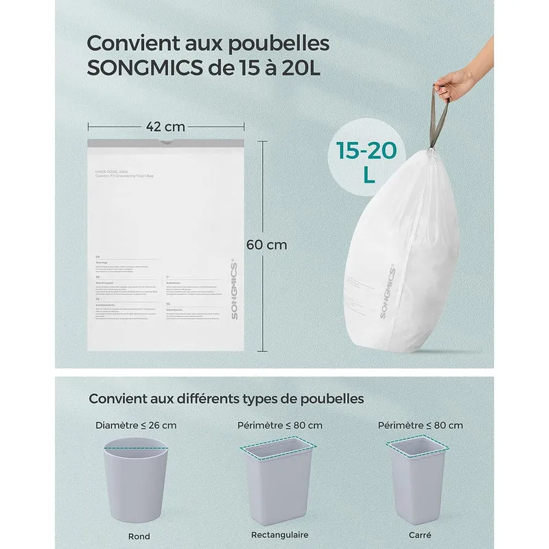 Lot de 40 sacs poubelle avec cordon de serrage 42 x 60 cm capacité 20L en plastique blanc 12_0010133