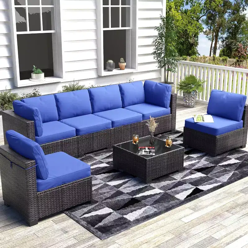Acekool Ensemble de meubles de patio 7 pièces, canapé sectionnel en osier avec table basse et coussins, canapé modulaire d'extérieur
