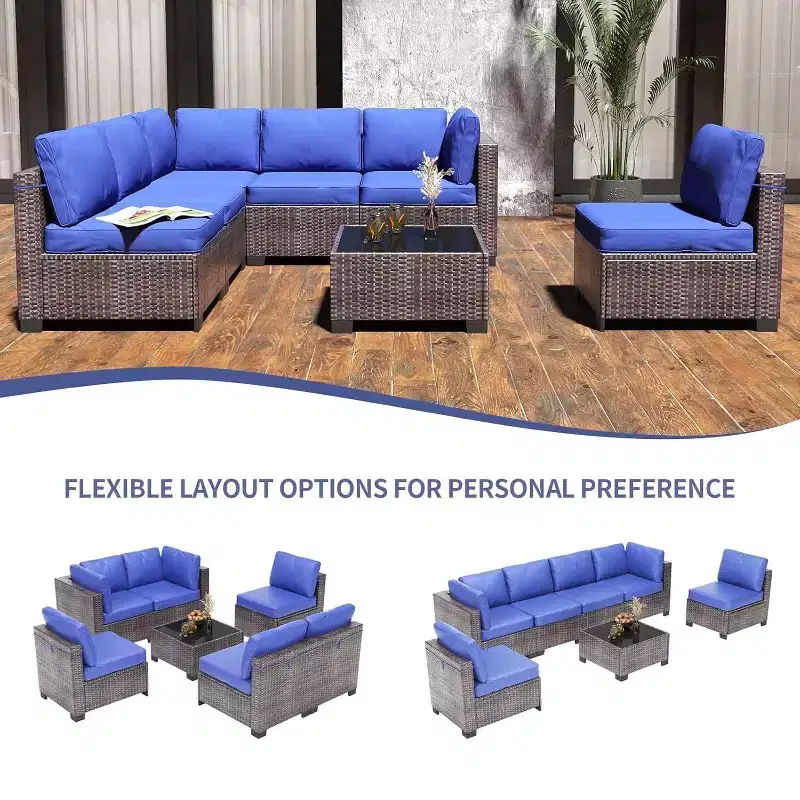 Acekool Ensemble de meubles de patio 7 pièces, canapé sectionnel en osier avec table basse et coussins, canapé modulaire d'extérieur
