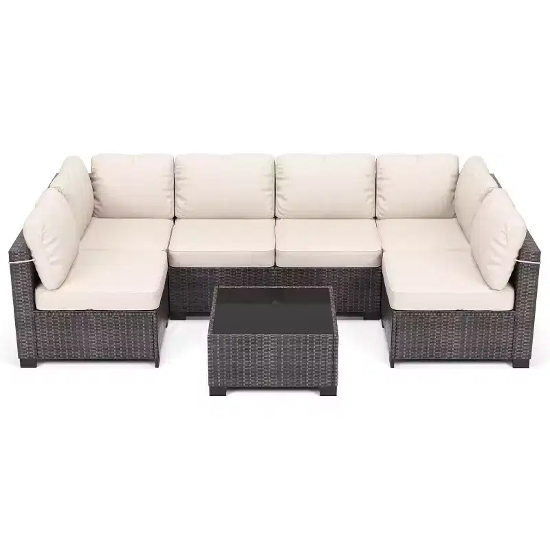 Acekool Ensemble de meubles de patio 7 pièces, canapé sectionnel en osier avec table basse et coussins, canapé modulaire d'extérieur