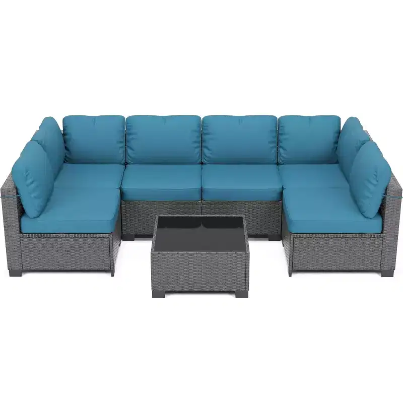 Acekool Ensemble de meubles de patio 7 pièces, canapé sectionnel en osier avec table basse et coussins, canapé modulaire d'extérieur
