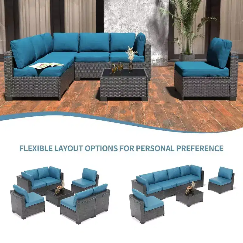 Acekool Ensemble de meubles de patio 7 pièces, canapé sectionnel en osier avec table basse et coussins, canapé modulaire d'extérieur