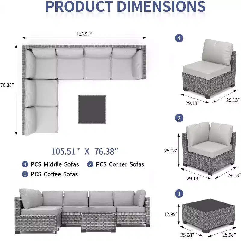 Acekool Ensemble de meubles de patio 7 pièces, canapé sectionnel en osier avec table basse et coussins, canapé modulaire d'extérieur