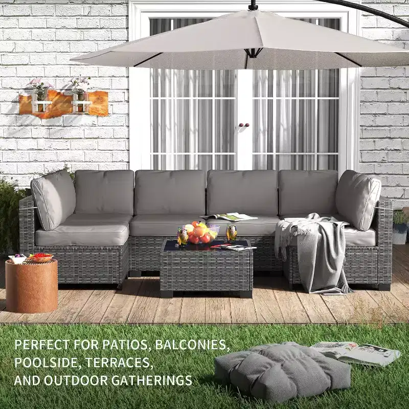 Acekool Ensemble de meubles de patio 7 pièces, canapé sectionnel en osier avec table basse et coussins, canapé modulaire d'extérieur
