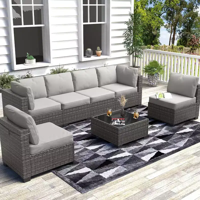 Acekool Ensemble de meubles de patio 7 pièces, canapé sectionnel en osier avec table basse et coussins, canapé modulaire d'extérieur