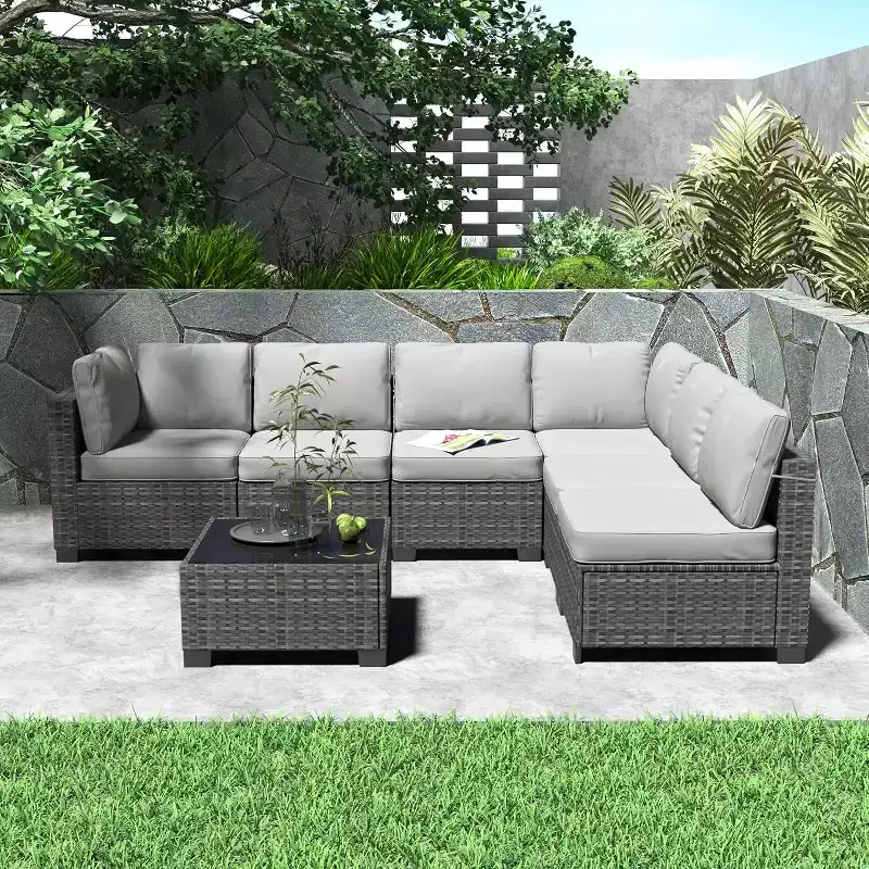 Acekool Ensemble de meubles de patio 7 pièces, canapé sectionnel en osier avec table basse et coussins, canapé modulaire d'extérieur