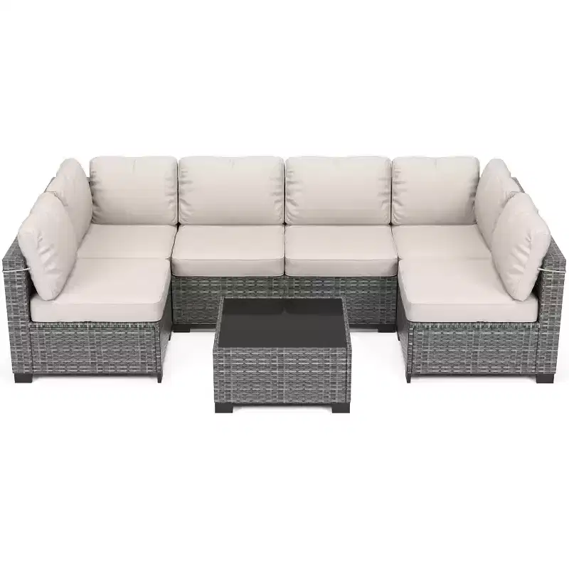 Acekool Ensemble de meubles de patio 7 pièces, canapé sectionnel en osier avec table basse et coussins, canapé modulaire d'extérieur