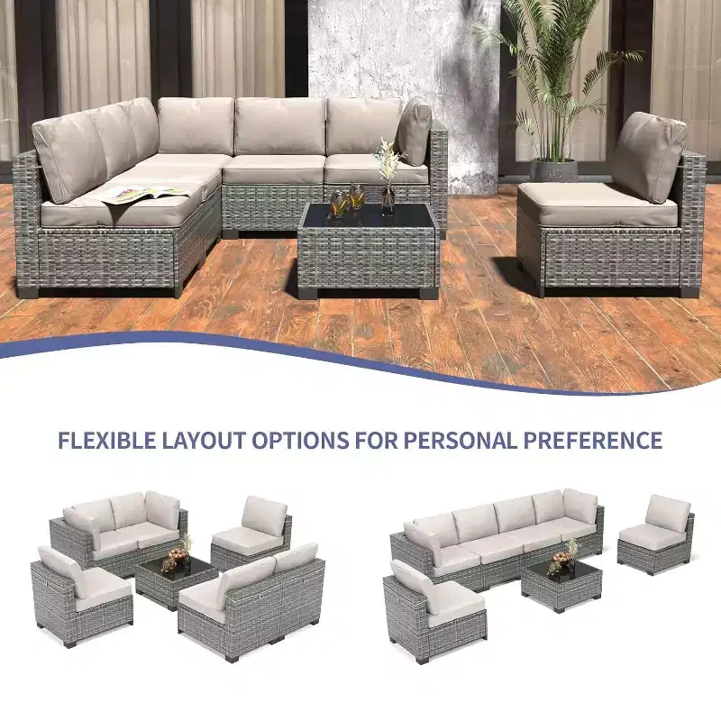 Acekool Ensemble de meubles de patio 7 pièces, canapé sectionnel en osier avec table basse et coussins, canapé modulaire d'extérieur