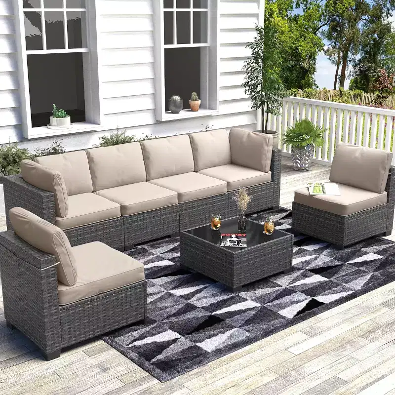 Acekool Ensemble de meubles de patio 7 pièces, canapé sectionnel en osier avec table basse et coussins, canapé modulaire d'extérieur