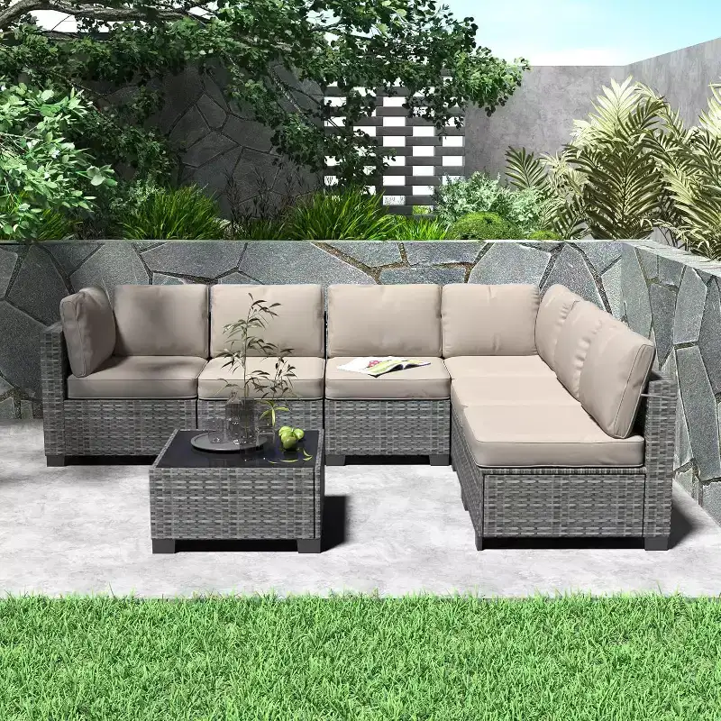 Acekool Ensemble de meubles de patio 7 pièces, canapé sectionnel en osier avec table basse et coussins, canapé modulaire d'extérieur