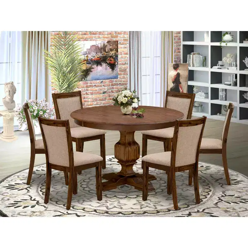 Ensemble de salle à manger moderne HomeStock avec table ronde et chaises en lin noyer