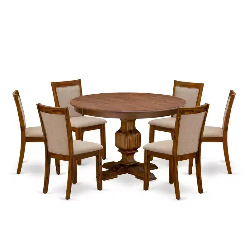 Ensemble de salle à manger moderne HomeStock avec table ronde et chaises en lin noyer