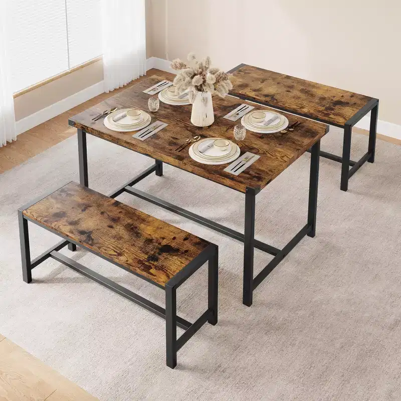 Ensemble table à manger pour 4, table de cuisine avec 2 bancs en métal et bois, ensemble de table à manger rectangulaire, pour petit espace, appartement, studio