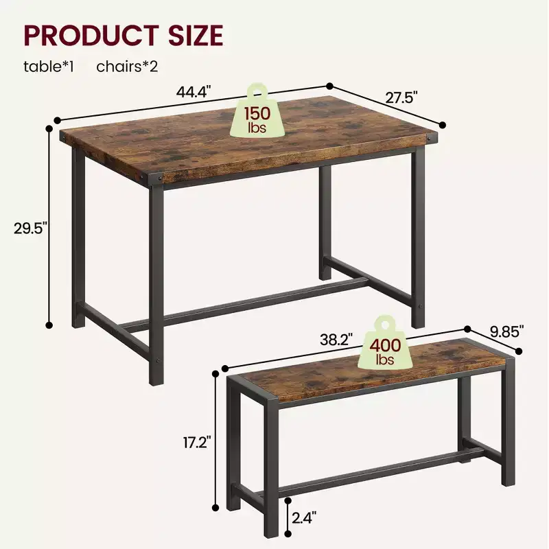 Ensemble table à manger pour 4, table de cuisine avec 2 bancs en métal et bois, ensemble de table à manger rectangulaire, pour petit espace, appartement, studio