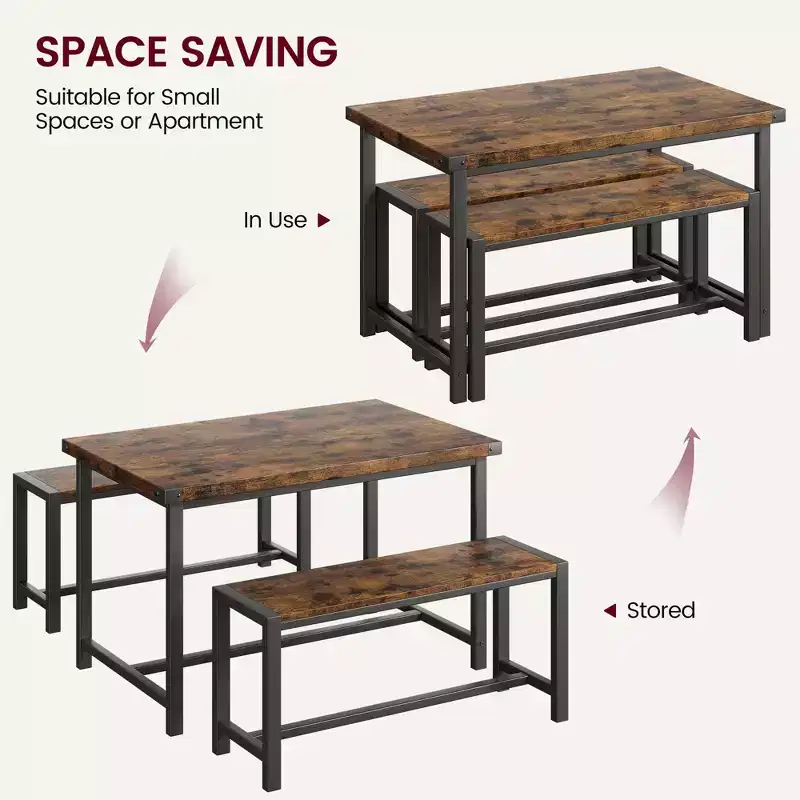 Ensemble table à manger pour 4, table de cuisine avec 2 bancs en métal et bois, ensemble de table à manger rectangulaire, pour petit espace, appartement, studio