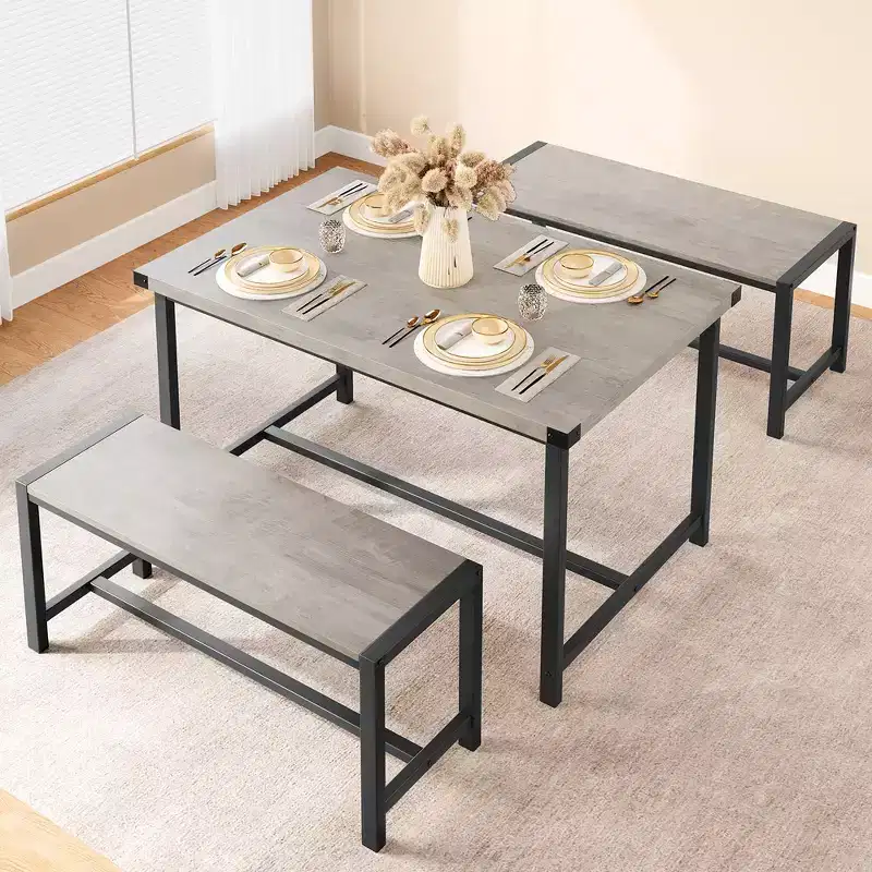 Ensemble table à manger pour 4, table de cuisine avec 2 bancs en métal et bois, ensemble de table à manger rectangulaire, pour petit espace, appartement, studio