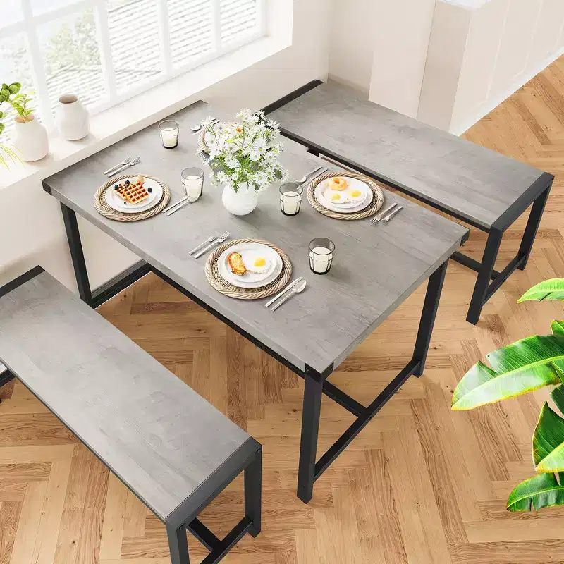 Ensemble table à manger pour 4, table de cuisine avec 2 bancs en métal et bois, ensemble de table à manger rectangulaire, pour petit espace, appartement, studio