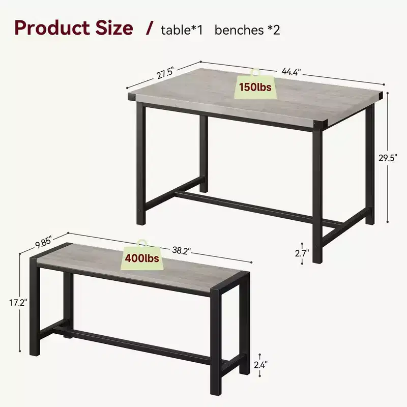 Ensemble table à manger pour 4, table de cuisine avec 2 bancs en métal et bois, ensemble de table à manger rectangulaire, pour petit espace, appartement, studio