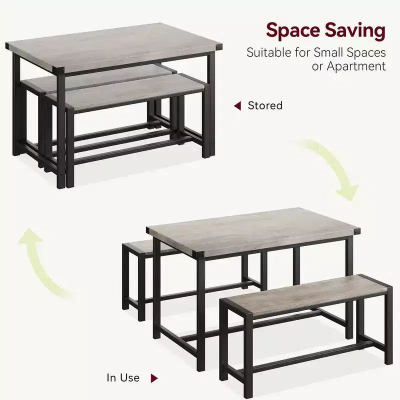 Ensemble table à manger pour 4, table de cuisine avec 2 bancs en métal et bois, ensemble de table à manger rectangulaire, pour petit espace, appartement, studio