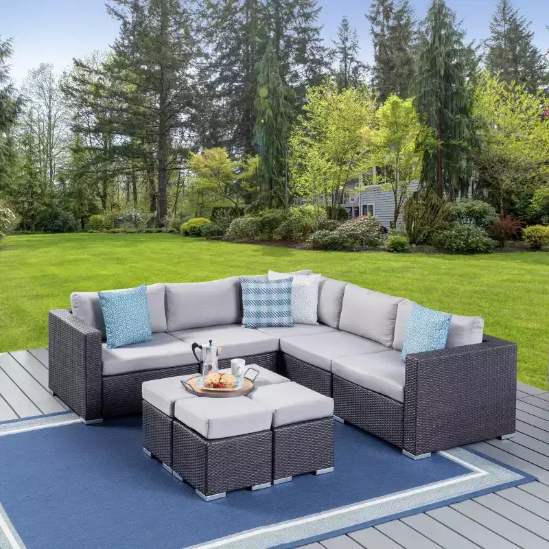 Christopher Knight Home Santa Rosa Ensemble de canapé sectionnel d'extérieur 9 pièces en osier en V et aluminium avec coussins