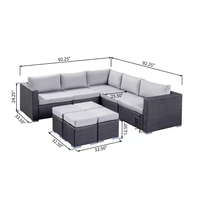 Christopher Knight Home Santa Rosa Ensemble de canapé sectionnel d'extérieur 9 pièces en osier en V et aluminium avec coussins
