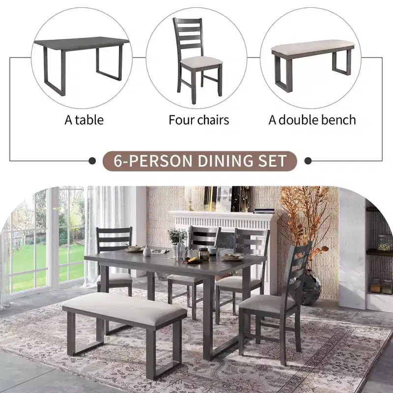 Ensemble de salle à manger 6 pièces de style ferme avec banc, table rectangulaire en bois et 4 chaises rembourrées pour cuisine, gris