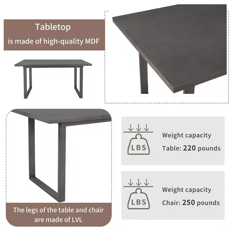 Ensemble de salle à manger 6 pièces de style ferme avec banc, table rectangulaire en bois et 4 chaises rembourrées pour cuisine, gris