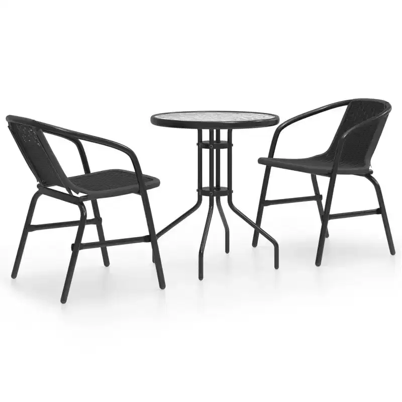 vidaXL Ensemble de salle à manger de jardin noir en acier, verre trempé, rotin en plastique