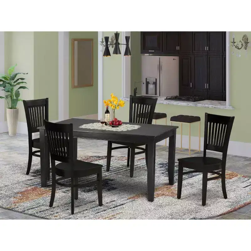 HomeStock – Ensemble table à manger rectangulaire en bois massif noir 5 pièces avec 4 chaises à dossier à barreaux