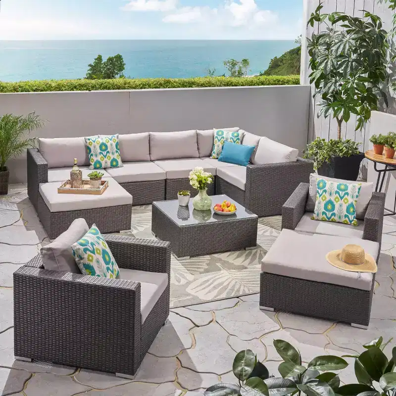 Ensemble de canapé d'angle de terrasse 10 pièces en osier Santa Rosa : Salon de jardin moderne gris, résistant aux intempéries, cadre en aluminium, coussins amovibles
