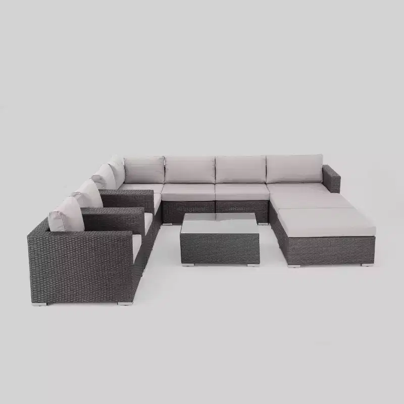 Ensemble de canapé d'angle de terrasse 10 pièces en osier Santa Rosa : Salon de jardin moderne gris, résistant aux intempéries, cadre en aluminium, coussins amovibles
