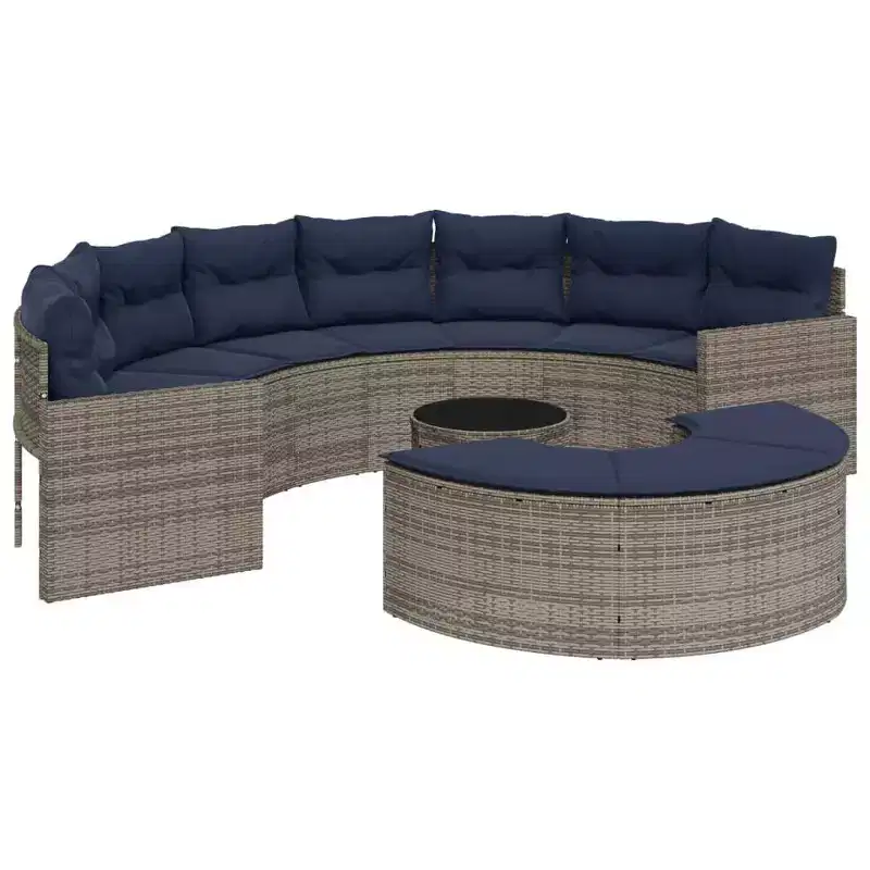 vidaXL Salon de jardin - 3 pièces semi-circulaire - Mobilier de jardin en résine tressée gris durable avec coussins bleu marine et table en verre trempé