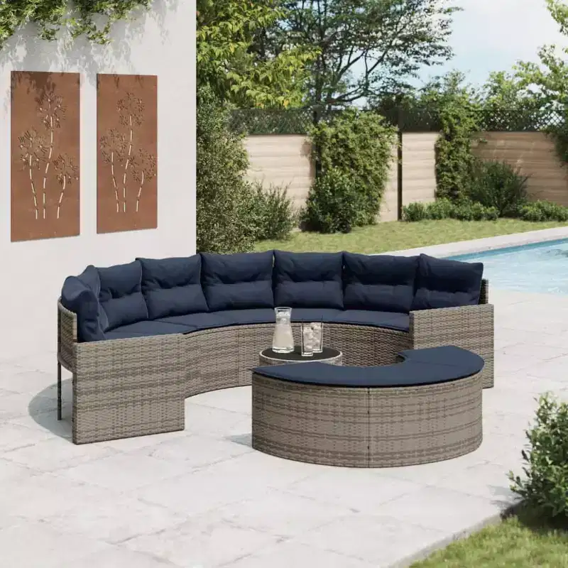 vidaXL Salon de jardin - 3 pièces semi-circulaire - Mobilier de jardin en résine tressée gris durable avec coussins bleu marine et table en verre trempé