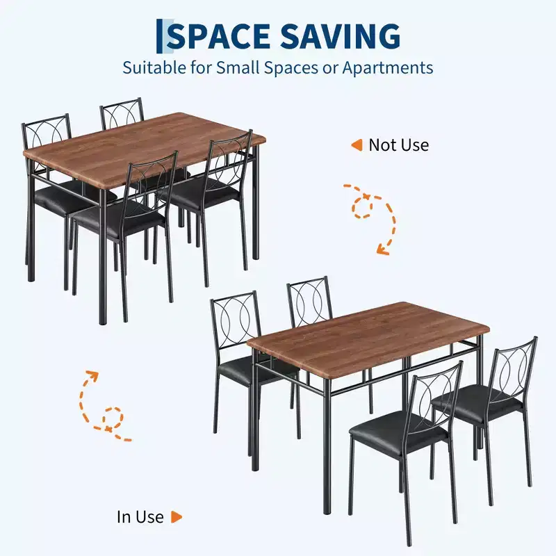 Ensemble table de salle à manger 5 pièces pour 4 personnes, table de cuisine rustique en bois avec chaises rembourrées, ensemble de salle à manger peu encombrant pour les petits espaces et les appartements
