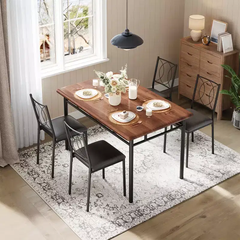 Ensemble table de salle à manger 5 pièces pour 4 personnes, table de cuisine rustique en bois avec chaises rembourrées, ensemble de salle à manger peu encombrant pour les petits espaces et les appartements