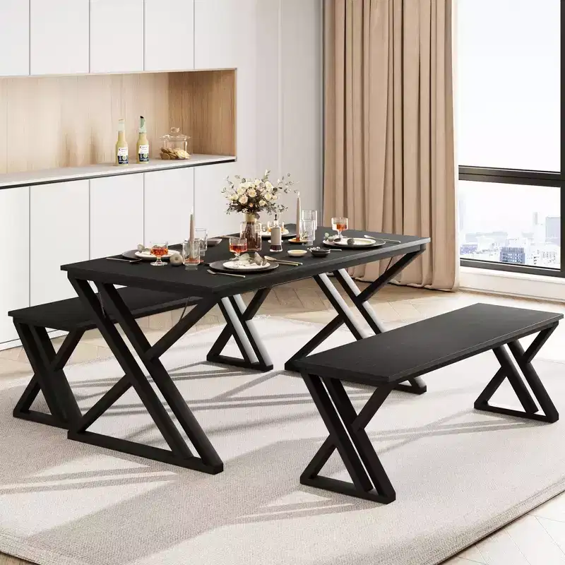 Ensemble table à manger CuisinSmart avec banc et plateau en bois, table de cuisine à structure métallique avec pieds en X et banc pour 4 personnes, pour café, maison, bureau, noir