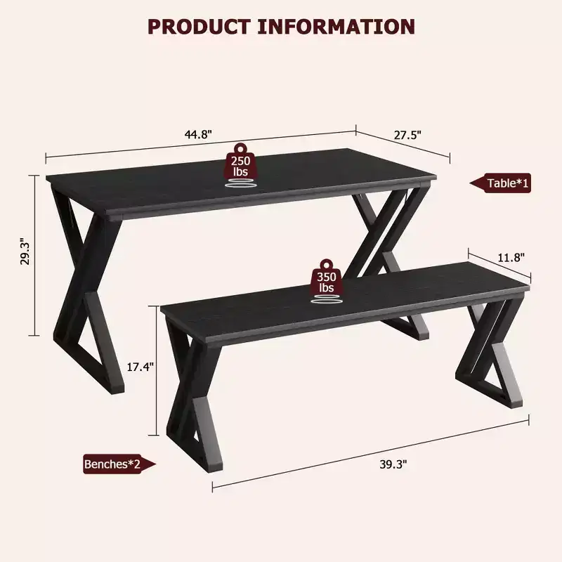 Ensemble table à manger CuisinSmart avec banc et plateau en bois, table de cuisine à structure métallique avec pieds en X et banc pour 4 personnes, pour café, maison, bureau, noir