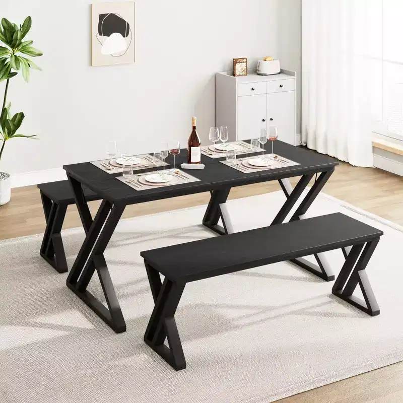 Ensemble table à manger CuisinSmart avec banc et plateau en bois, table de cuisine à structure métallique avec pieds en X et banc pour 4 personnes, pour café, maison, bureau, noir