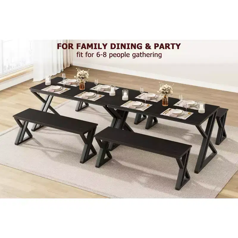 Ensemble table à manger CuisinSmart avec banc et plateau en bois, table de cuisine à structure métallique avec pieds en X et banc pour 4 personnes, pour café, maison, bureau, noir