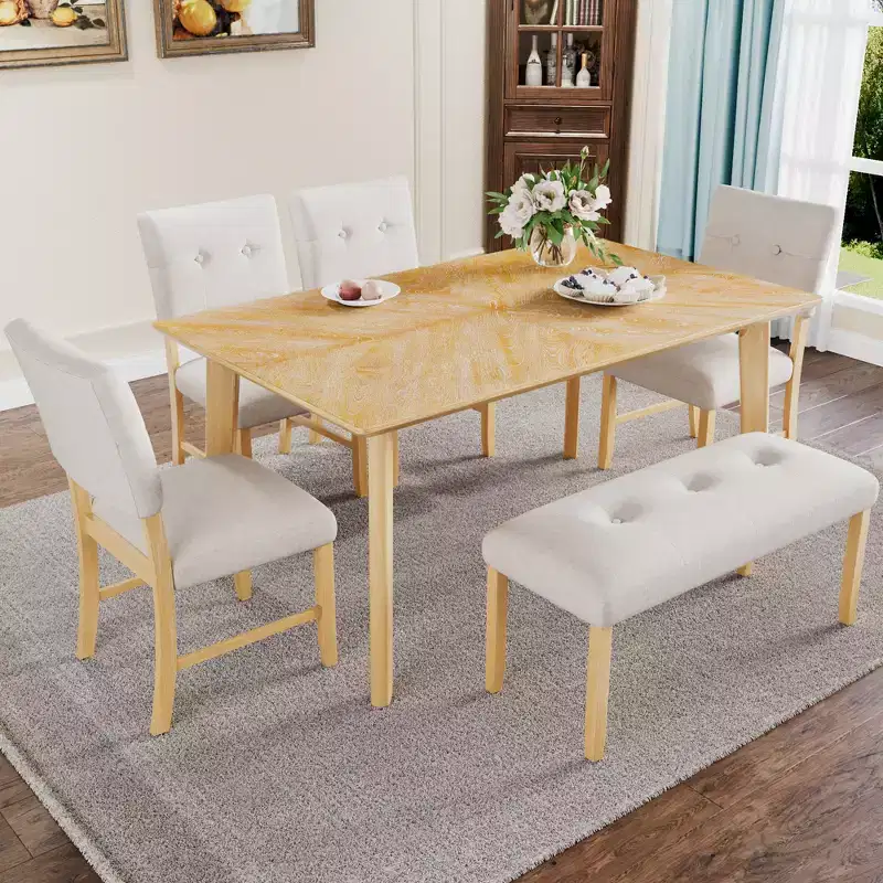 Ensemble de salle à manger rustique de 6 pièces avec table, 4 chaises et banc, pour 6 personnes, montage facile