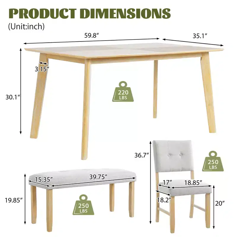 Ensemble de salle à manger rustique de 6 pièces avec table, 4 chaises et banc, pour 6 personnes, montage facile