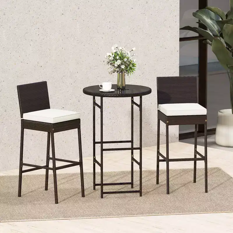 Ensemble de bar d'extérieur 3 pièces Costway Table haute et chaises en rotin de patio avec plateau en verre