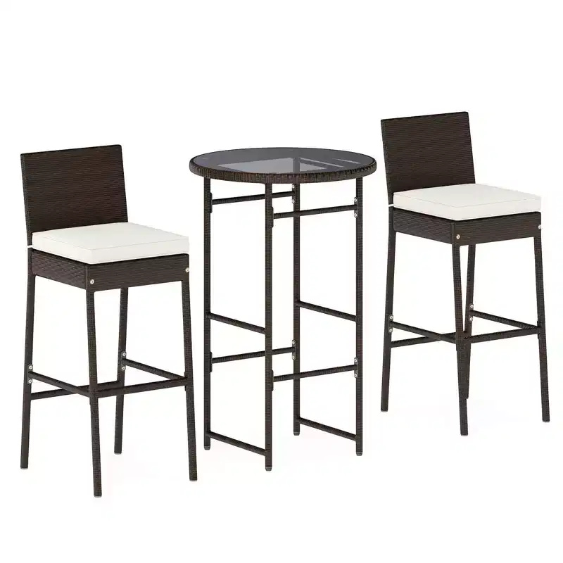 Ensemble de bar d'extérieur 3 pièces Costway Table haute et chaises en rotin de patio avec plateau en verre